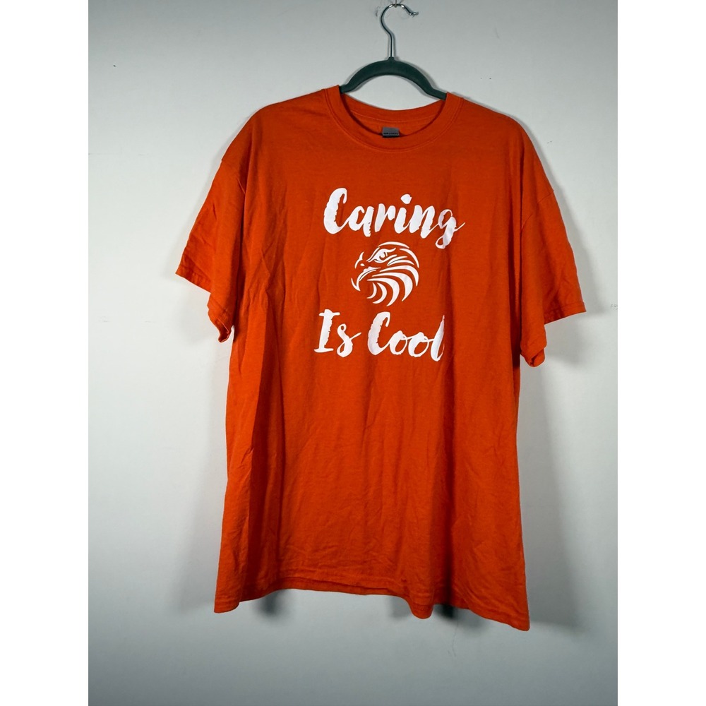 Gildan Womens XL T-Shirt Orange Caring Is Cool Eagle Graphic Short Sleeve Tee